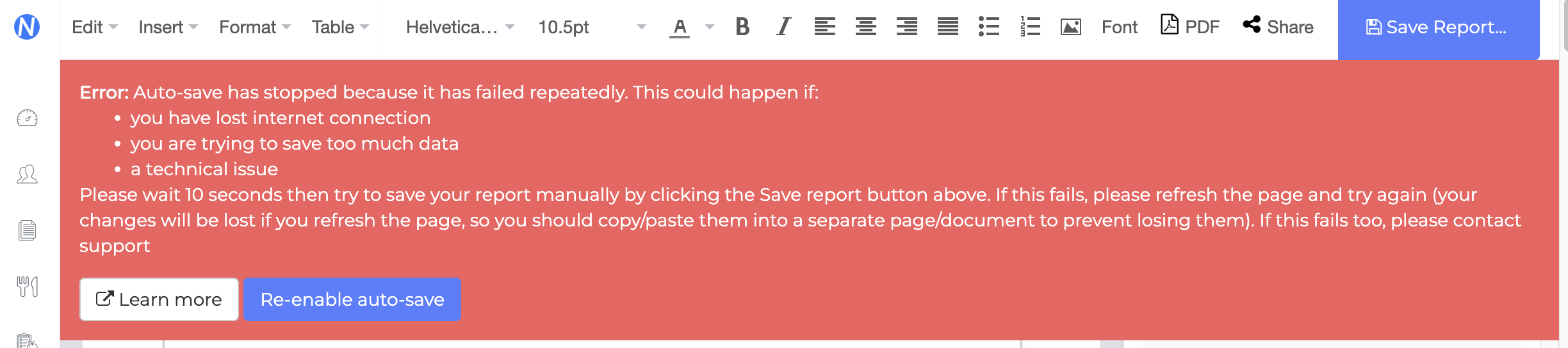 Handling autosave error in reports Nutriadmin Docs
